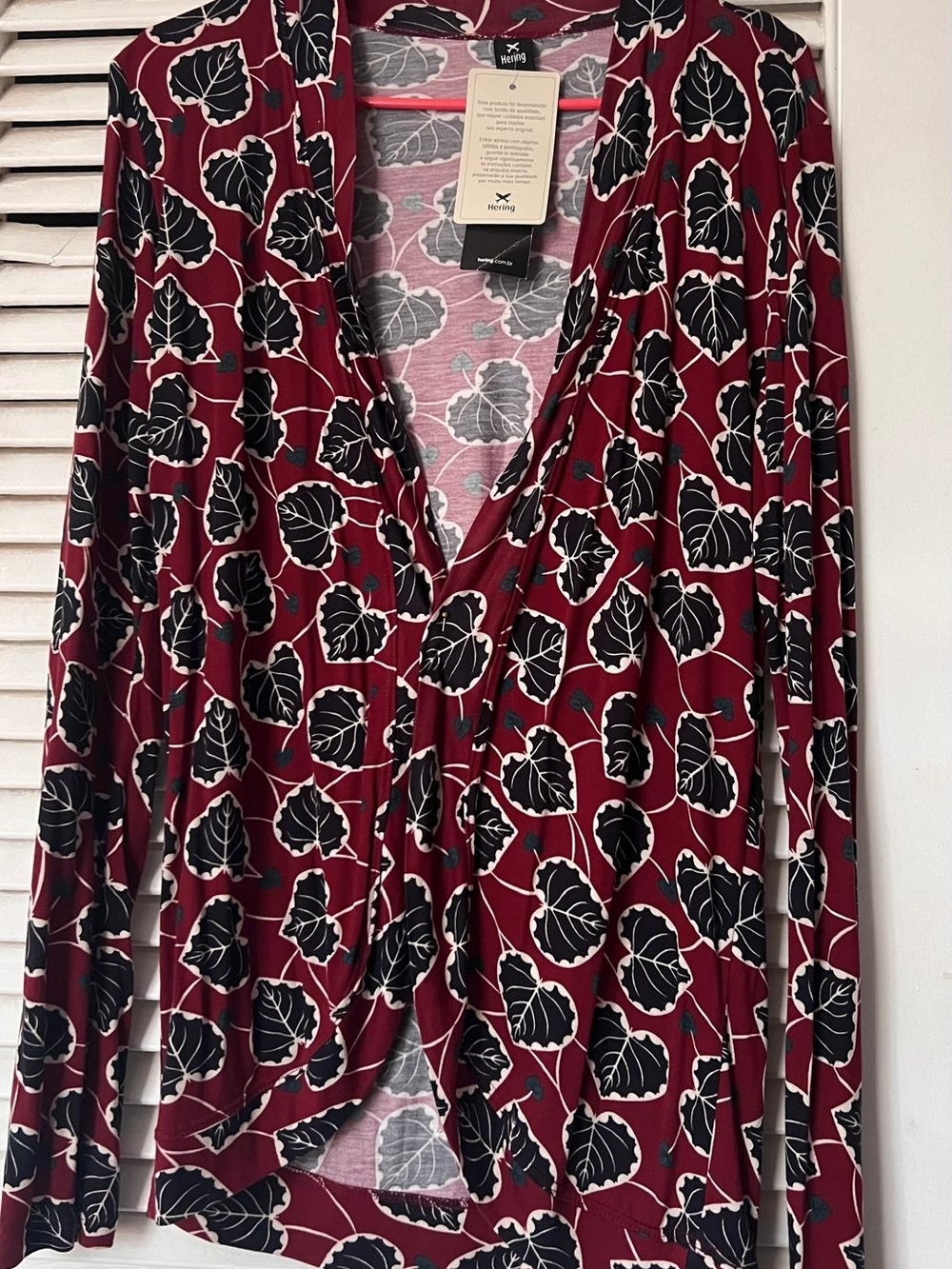 Women's Twist-Front Burgundy Leaf Print Blouse-Made In BRAZIL